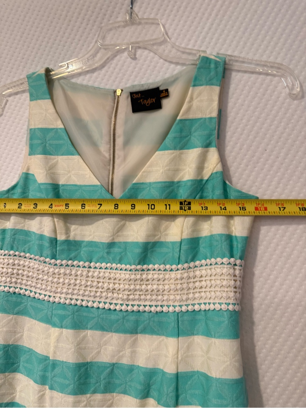 Sleeveless Striped V-neck Sheath Dress with lace in Aqua and White size 4 - Picture 4 of 6